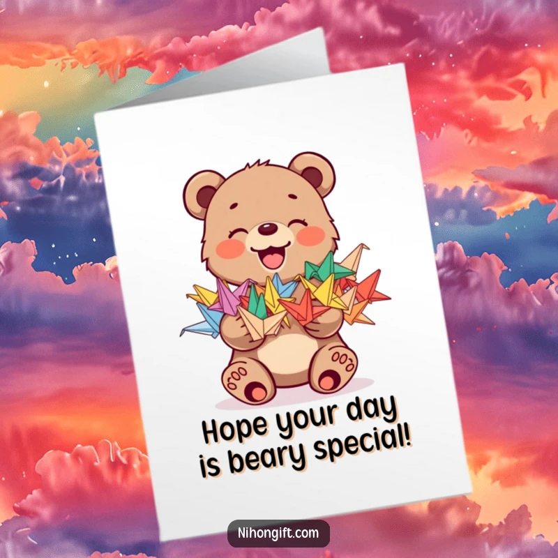 Funny Free Printable Bear Birthday Card: Joyful bear cub holding a stack of colorful origami cranes, celebrating birthdays.