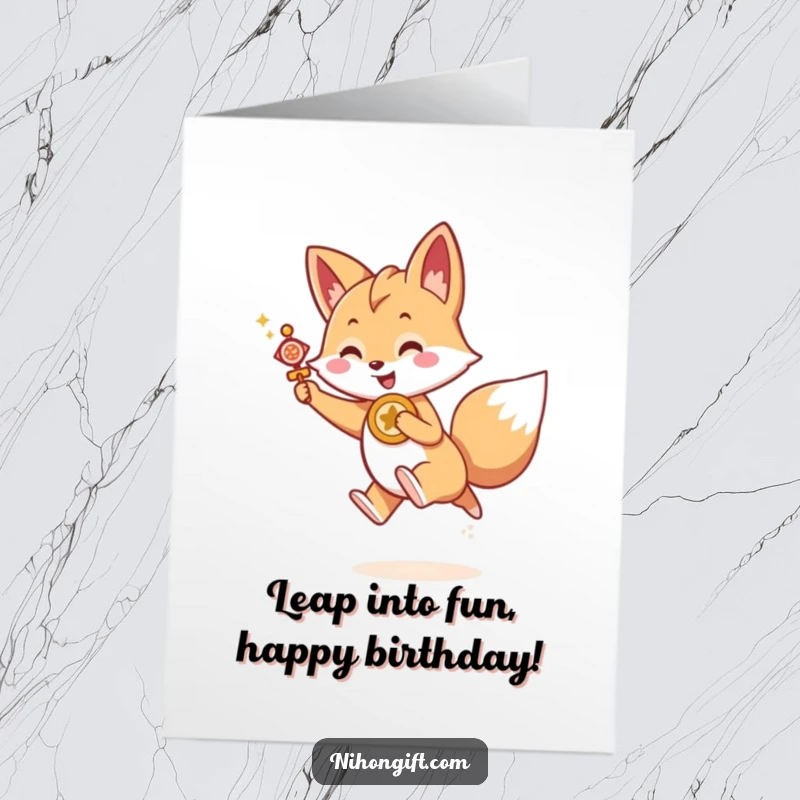 Funny Free Printable Birthday Card: Kawaii fox holding a lucky charm, joyfully leaping forward with birthday cheer.