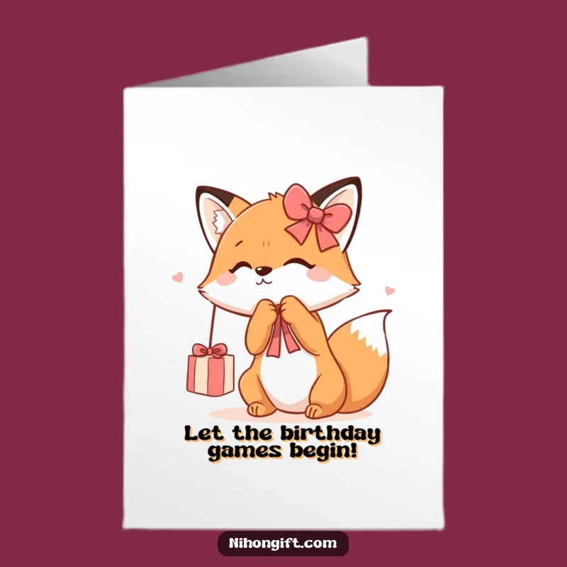 Free Printable Bday Card: Playful Fox & Dangling Gift Ribbon Fun