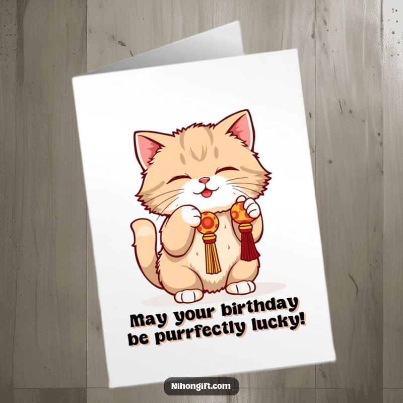 Funny Free Printable Cat Birthday Card: A playful cat in a crouch bats at a dangling lucky charm, celebrating with joy.