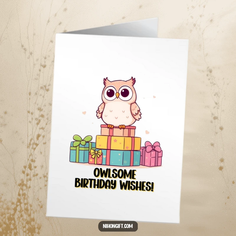 Funny Free Printable Birthday Card: Adorable kawaii owl with big eyes perching on a huge stack of colorful gifts.