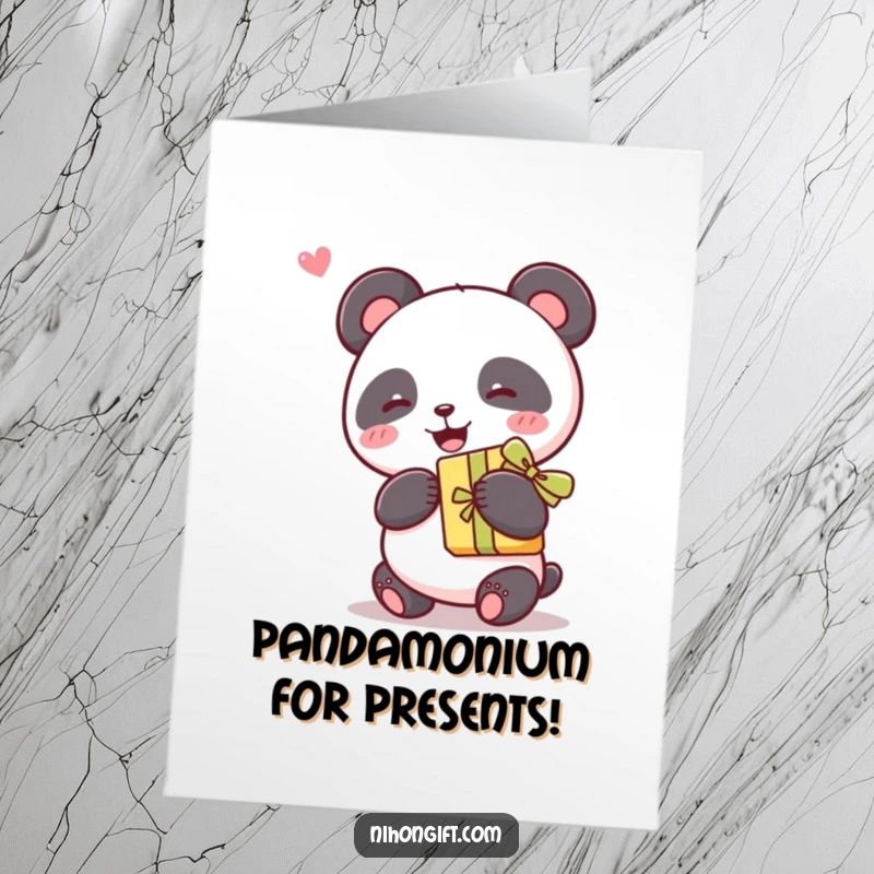 Funny Free Printable Birthday Card: A kawaii panda joyfully presents a gift adorned with a festive ribbon, perfect for birthdays.