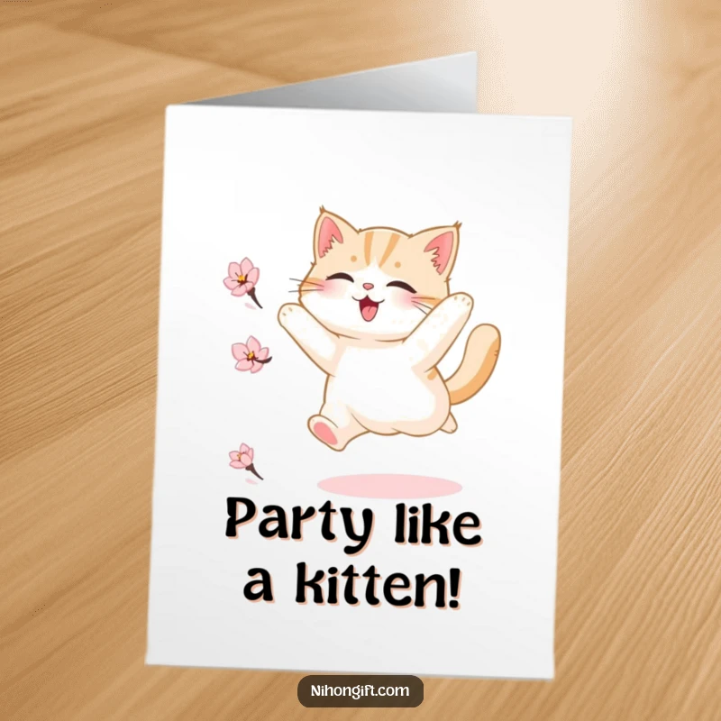 Funny Free Printable Birthday Card: Fluffy cat joyfully leaps mid-air, chasing a delicate cherry blossom petal, celebrating a special day.