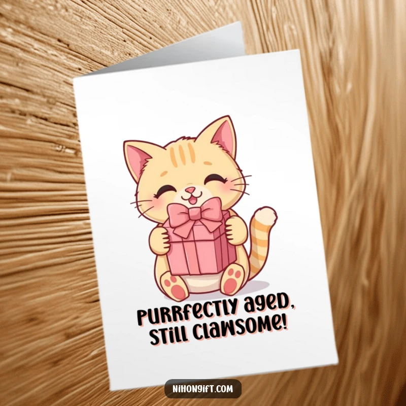 Funny Free Printable Birthday Card: Kawaii cat with a gift box, beaming with joy, perfect for cat mom gifts.