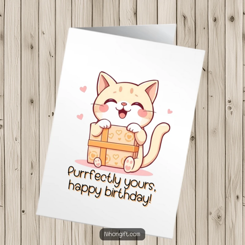 Funny free printable birthday card: Kawaii cat looking thrilled as it receives a massive, ornate gift box with wide, delighted eyes.