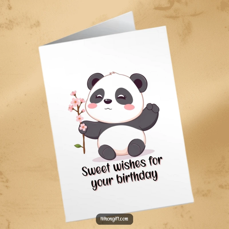 Funny Free Printable Birthday Card: A shy panda offering a delicate cherry blossom branch as a gift.