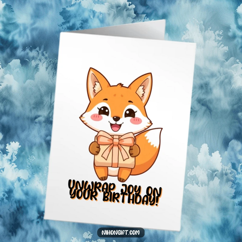 Funny Free Printable Birthday Card: A cheerful fox with a big grin presenting a beautifully wrapped gift.