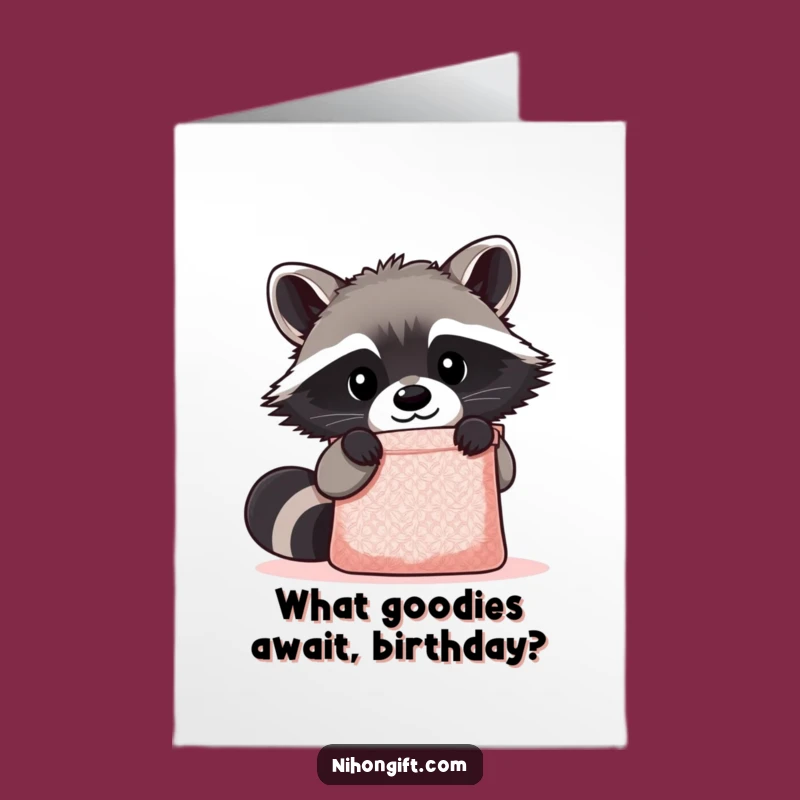Free Printable Birthday Card: Curious Raccoon & Shimmering Gift Bag