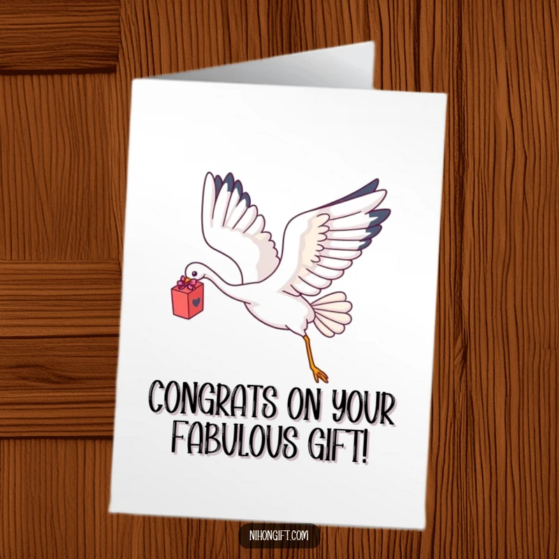 Charming Free Printable Congrats Card: A kawaii crane flying with a delicate gift box, symbolizing a special delivery.