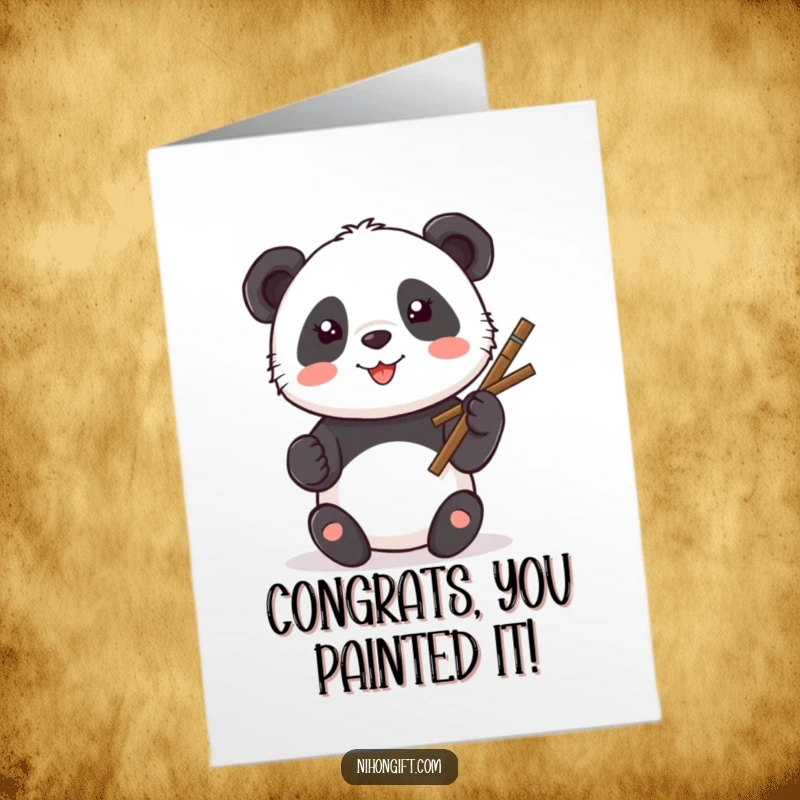Funny Free Printable Congrats Card: A kawaii panda artistically painting a smiley face to celebrate joyful news.