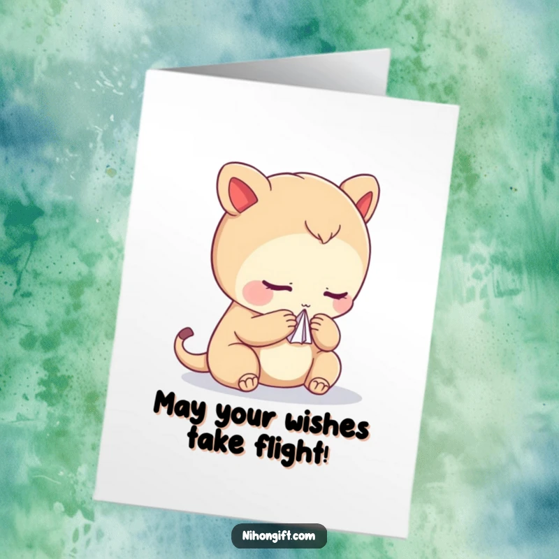 Funny free printable congratulations card of a creature bowing with a delicately folded paper crane, signifying good fortune and success.