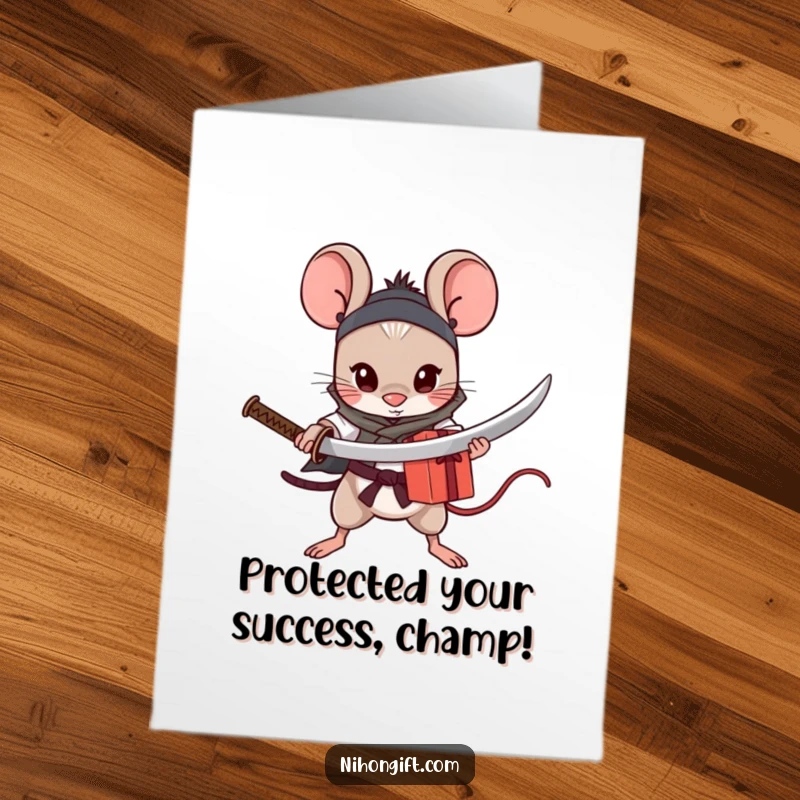 Funny Free Printable Congratulations Card: A tiny, brave mouse heroically brandishes a katana to safeguard a gift.