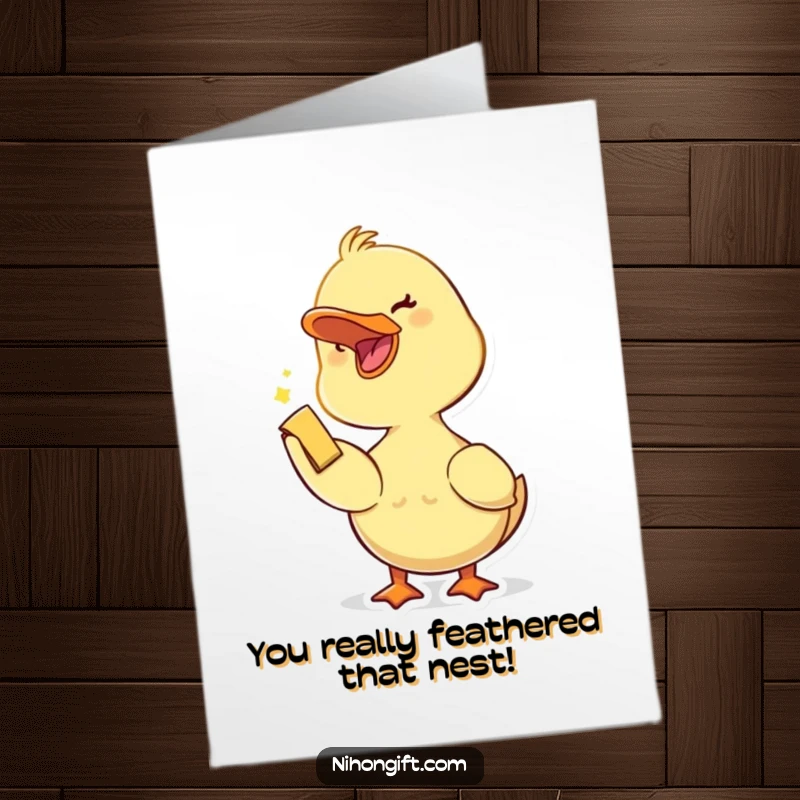 Free Printable Congratulations Card: A duckling with an open beak joyfully accepts a small trinket, celebrating.
