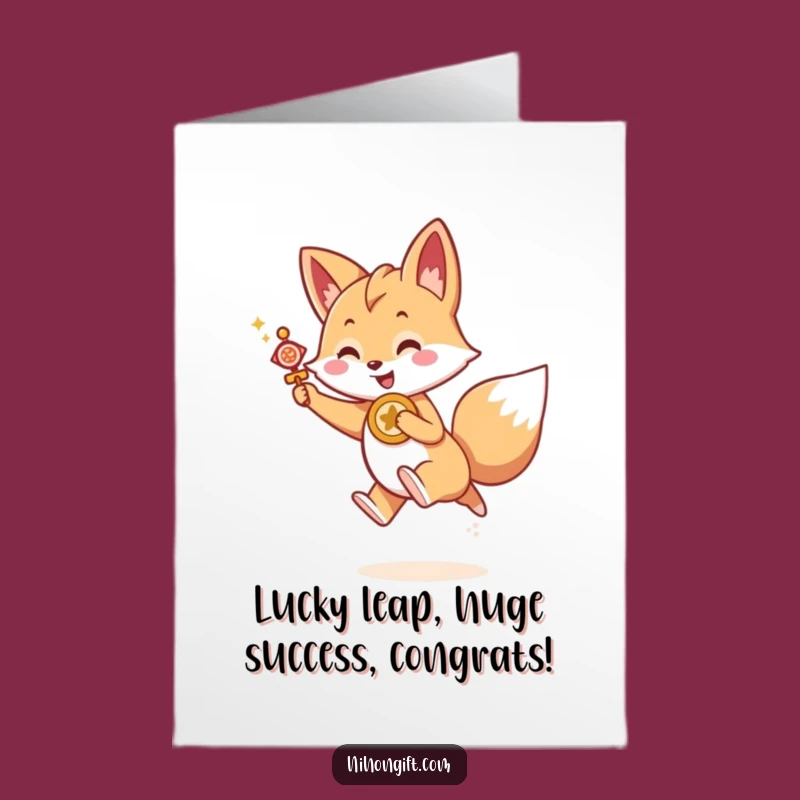 Free Printable Congrats Card: Kawaii Fox Leaps with Lucky Charm