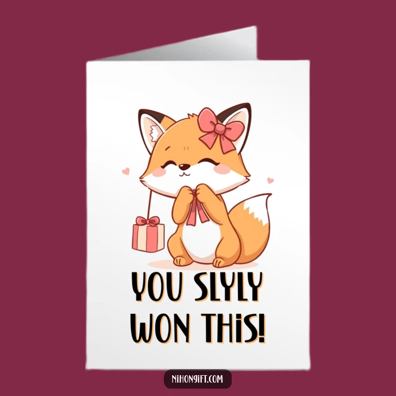 Free Printable Congrats Card: Kawaii Fox's Playful Gift Ribbon Chase