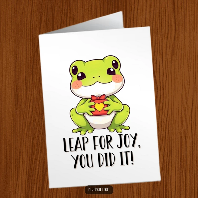 Funny Free Printable Congratulations Card: A kawaii frog holding a tiny lucky charm gift, celebrating a fortunate win.