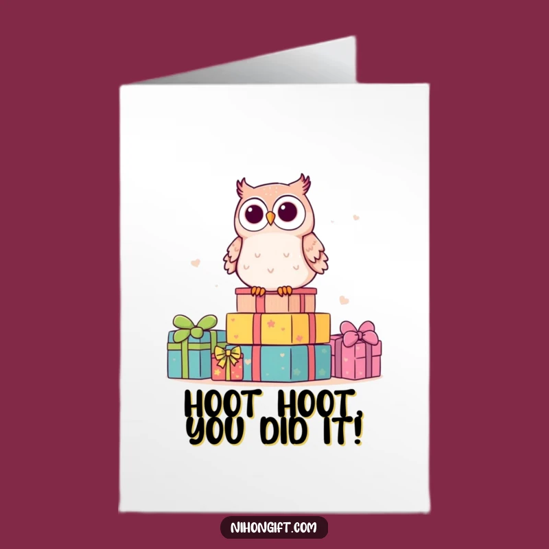 Free Printable Congrats Card: Kawaii Owl on Gifts, Humorous Downloadable Greeting