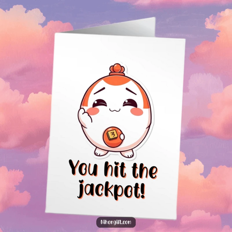 Funny Free Printable Congratulations Card: A beaming Daruma doll presents a lucky coin, celebrating success humorously.