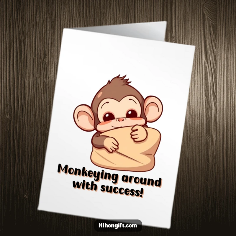 Funny Free Printable Congratulations Card: A mischievous monkey peeks out from behind a gift, adding playful energy to good news.