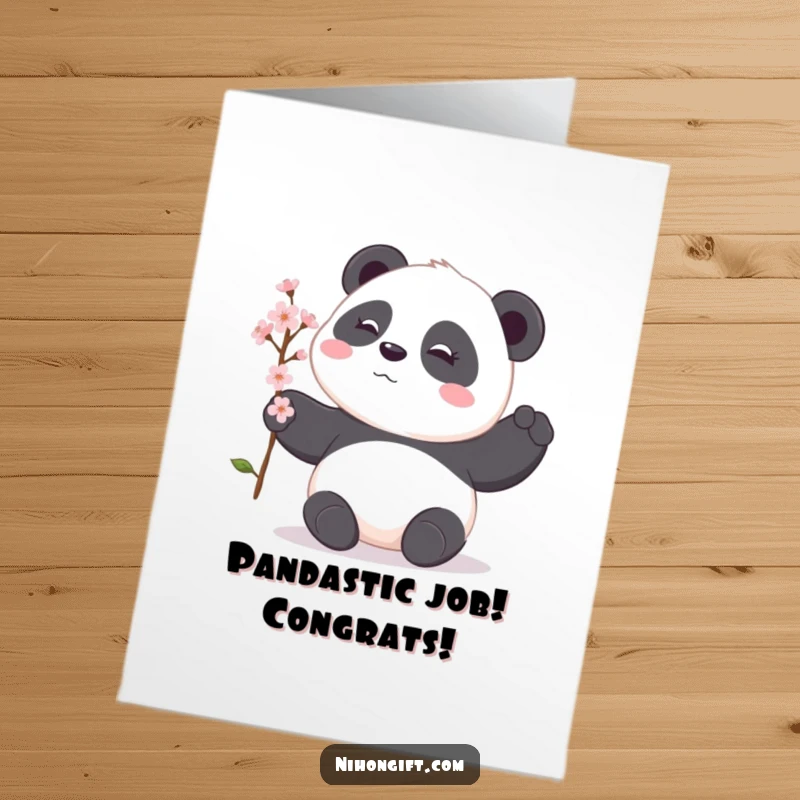 Funny Free Printable Congrats Card: A shy panda offering a delicate cherry blossom branch to celebrate.