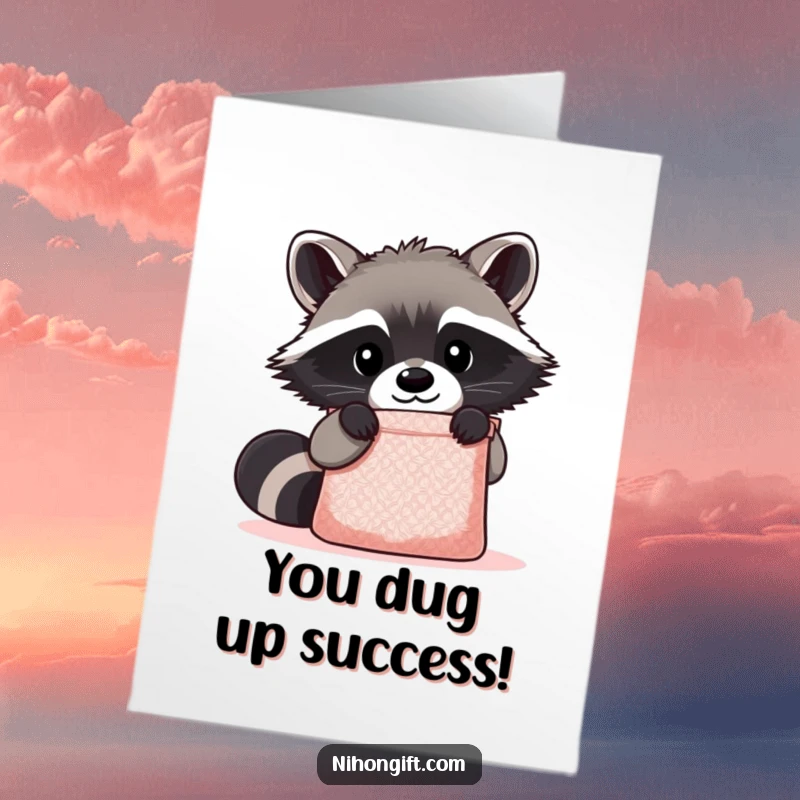 Funny free printable congratulations card: Kawaii raccoon looking inquisitively into a shimmering gift bag, celebrating your exciting news.