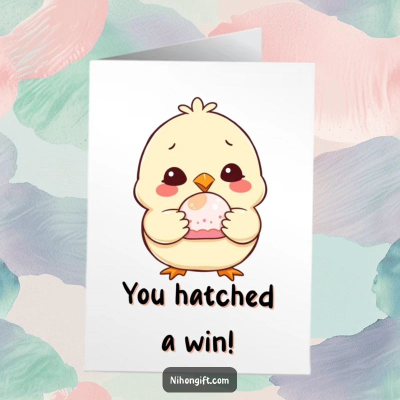 Funny Free Printable Congratulations Card: Chubby chick proudly holding a yummy mochi, celebrating success.