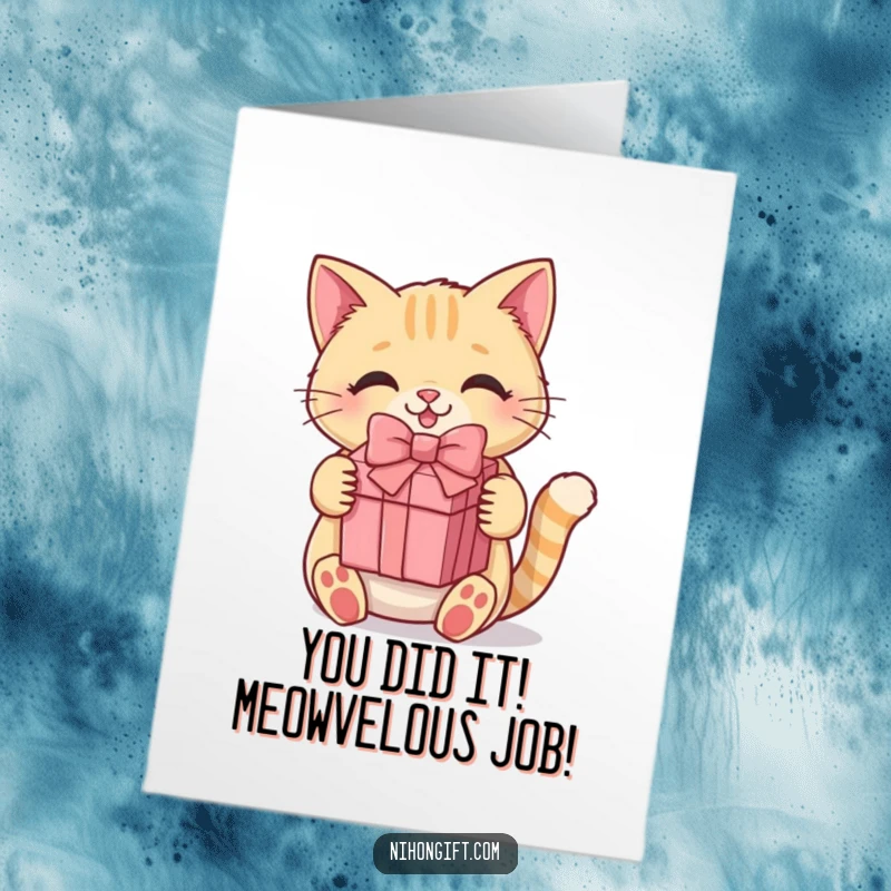 Funny Free Printable Congratulations Card: A kawaii cat proudly presents a gift, conveying cheerful congratulations, great for any celebration.