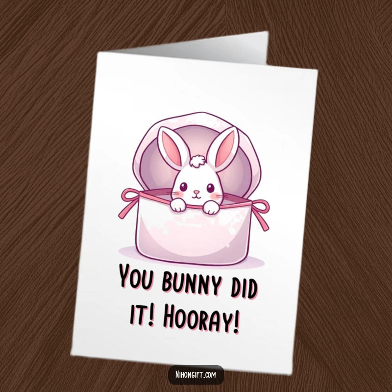 Funny Free Printable Congrats Card: A cute rabbit peeking excitedly from a large, sparkling gift bag, celebrating success.