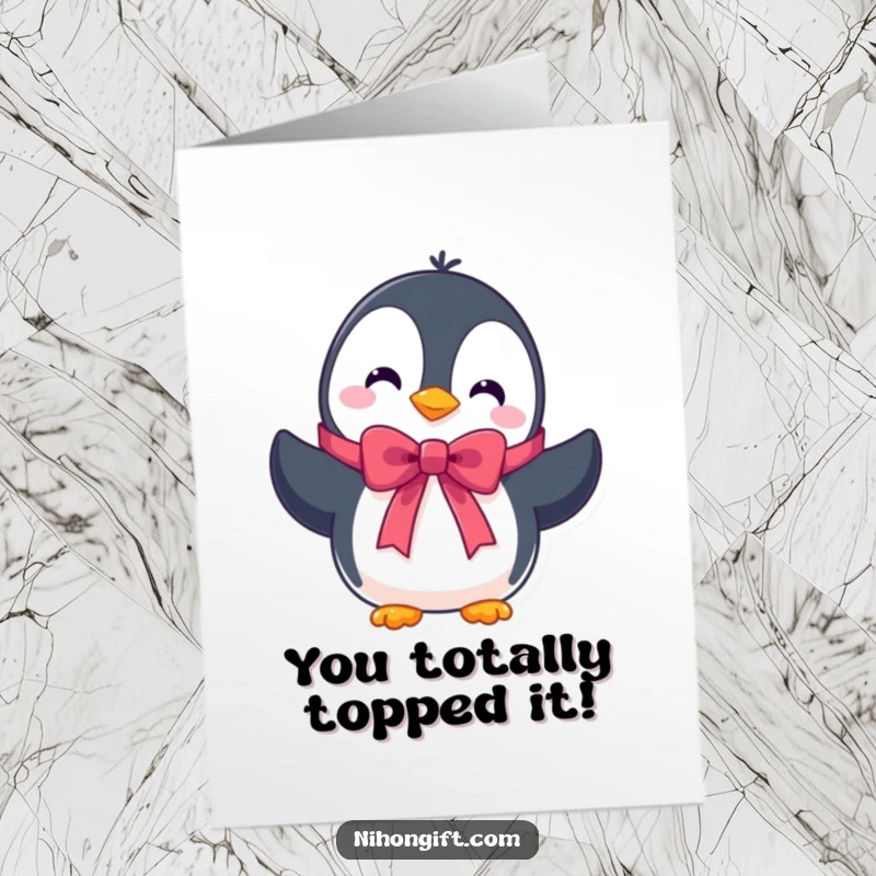Free Printable Congratulations Card: A cute penguin character holding a perfectly tied ribbon, congratulating with a friendly demeanor.