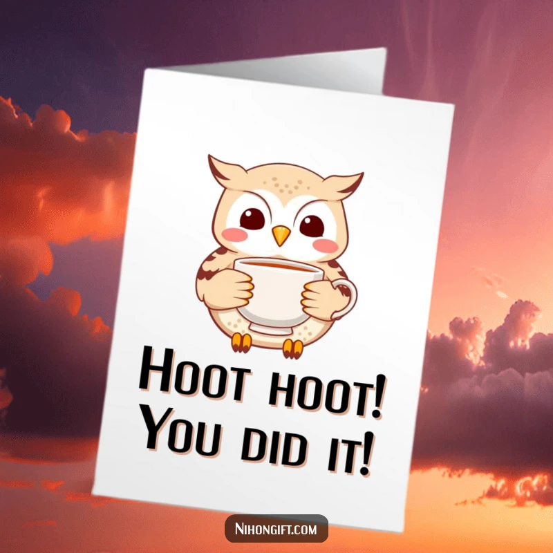 Funny Free Printable Congratulations Card: A cheerful owl presents a fragile ceramic tea cup as a congratulatory gift.