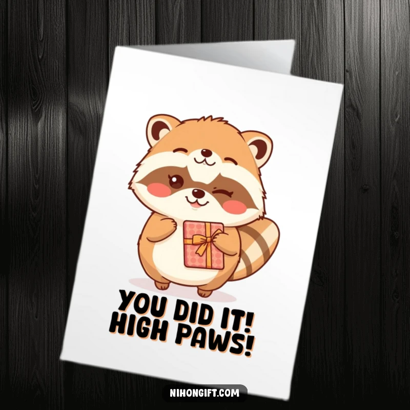 Funny Free Printable Congratulations Card: Adorable kawaii tanuki with a wink, presenting a wrapped gift, great for a humorous greeting.