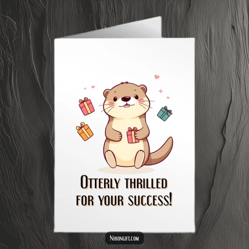 Funny Free Printable Congrats Card: Cute kawaii otter expertly juggling multiple colorful gift boxes.