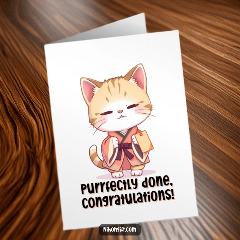 Funny Free Printable Congrats Card: A curious cat in a kimono playfully batting at a gift tag.