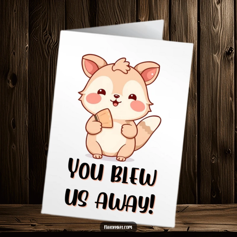 Funny free printable congratulations card of an animal offering a welcoming gesture with a small, decorative fan, celebrating success with grace.