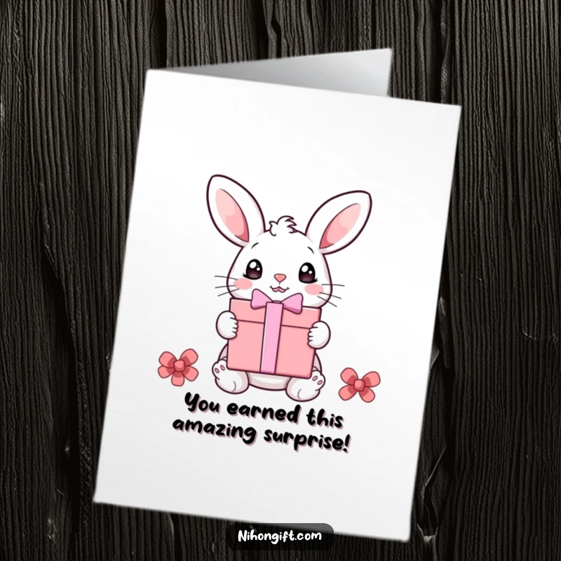 Funny Free Printable Congratulations Card: Bunny's wide eyes gaze upon a large gift box, expressing pure astonishment.