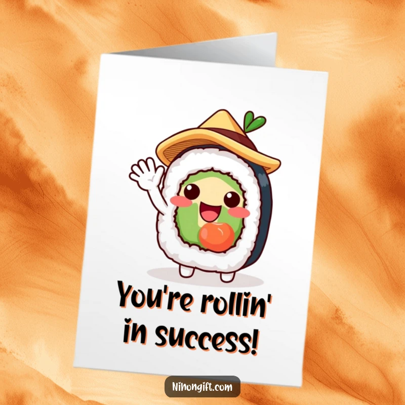 Free Printable Congratulations Card: A sushi roll character in a straw hat waves energetically, celebrating a wonderful achievement.