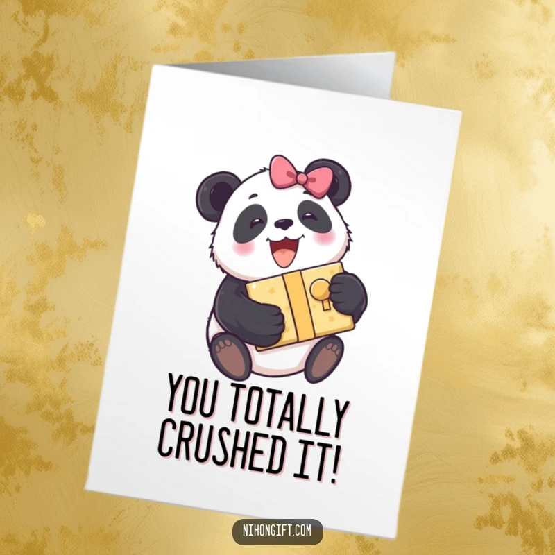 Funny Free Printable Congratulations Card: Panda excitedly hugs a wrapped present, showing pure celebratory delight.