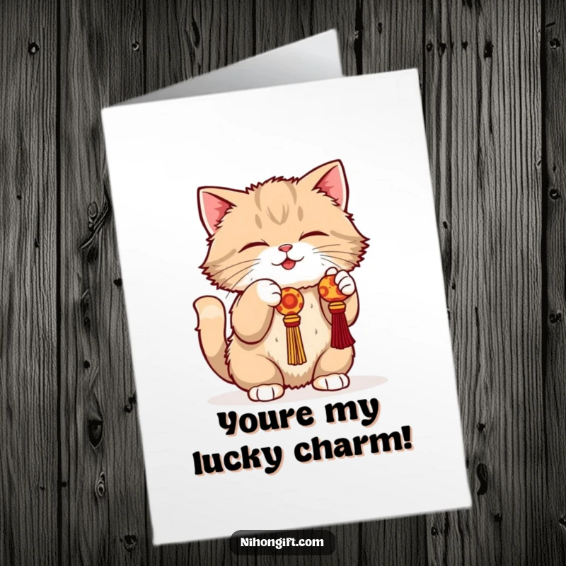 Funny Free Printable Cat Congratulations Card: A playful cat bats at a lucky charm, celebrating achievements with feline fun.