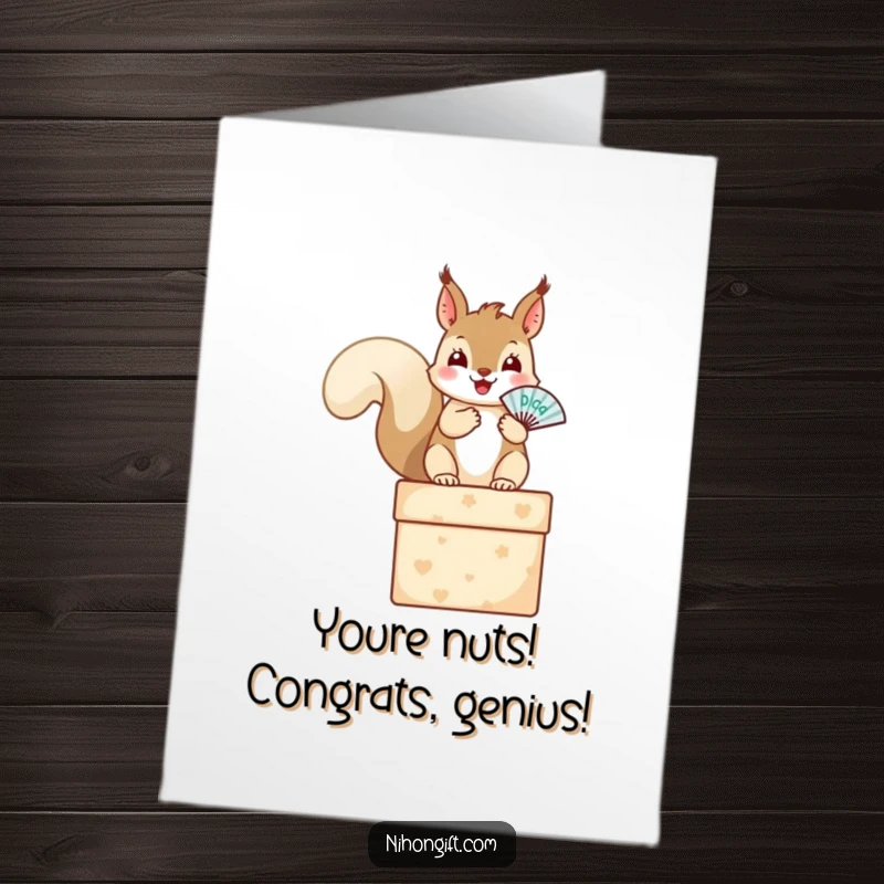 Free Printable Congratulations Card: A happy squirrel on a gift box playfully waves a tiny fan, celebrating good news.
