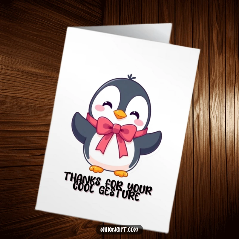 Free Printable Thank You Card: A cute penguin character offers a beautifully tied ribbon, presenting thanks with adorable charm.