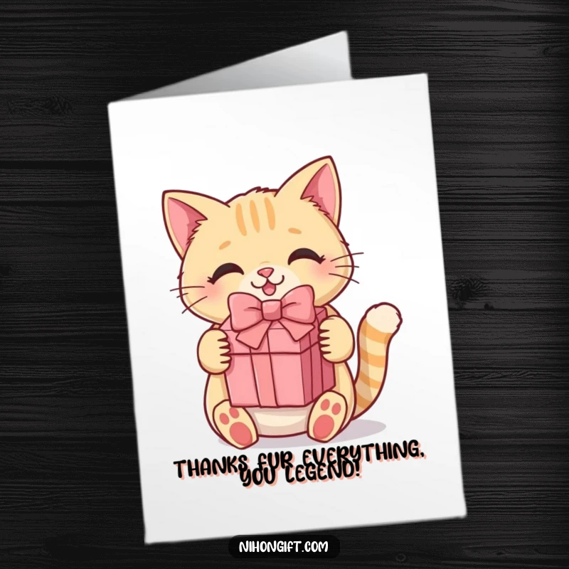 Funny Free Printable Thank You Card: A kawaii cat holds a gift, offering a sweet and funny thank you, ideal for appreciation.