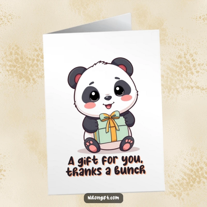 Funny free printable thank you card with a kawaii panda happily presenting a small, decorated gift box with a bow.