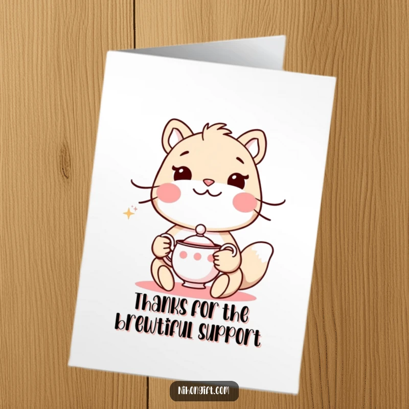 Funny Free Printable Thank You Card: Animal holds a tea set, politely smiling and expressing thanks warmly.