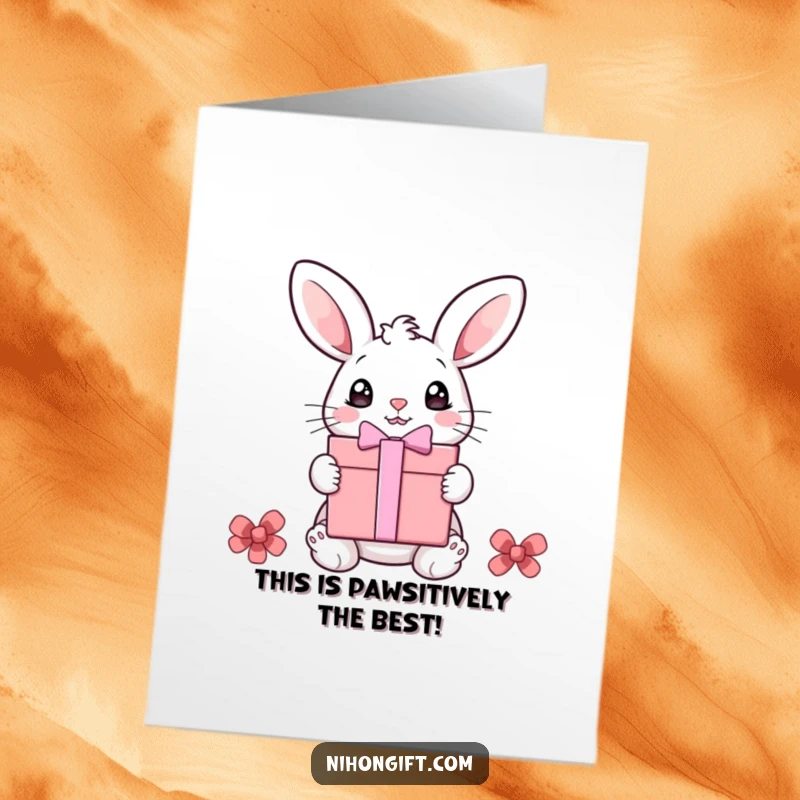 Funny Free Printable Thank You Card: Bunny's awestruck eyes fixed on a big gift box, a sweet thank you.