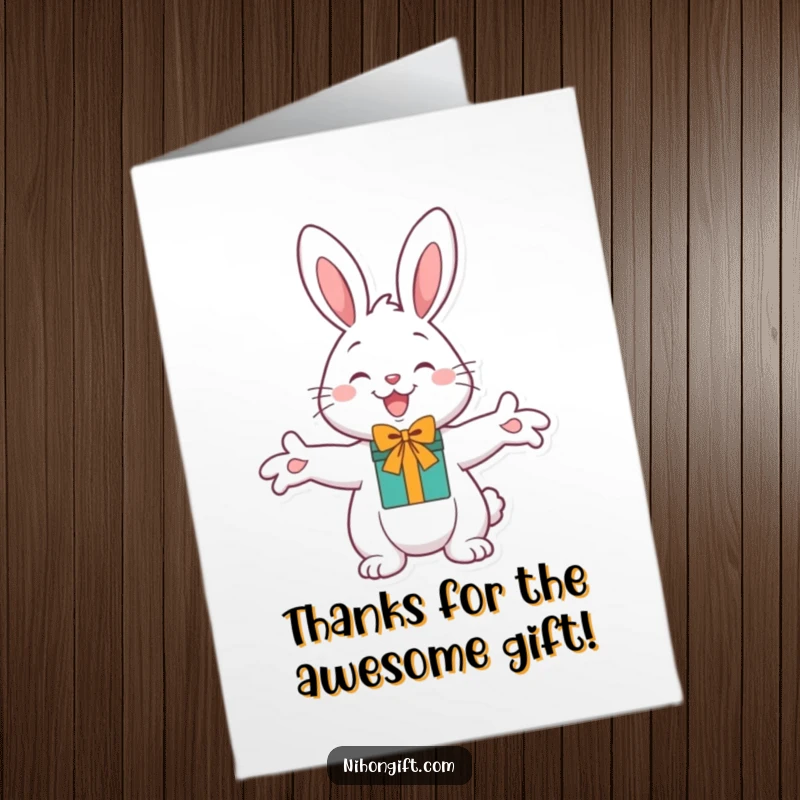 Funny Free Printable Thank You Card: A cheerful bunny extends paws, offering a delightful gift.