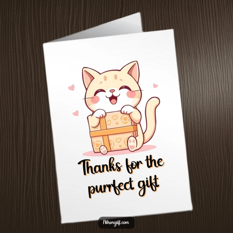 Funny free printable thank you card: Kawaii cat gazes with delight at a gigantic ornate gift box, conveying heartfelt thanks.