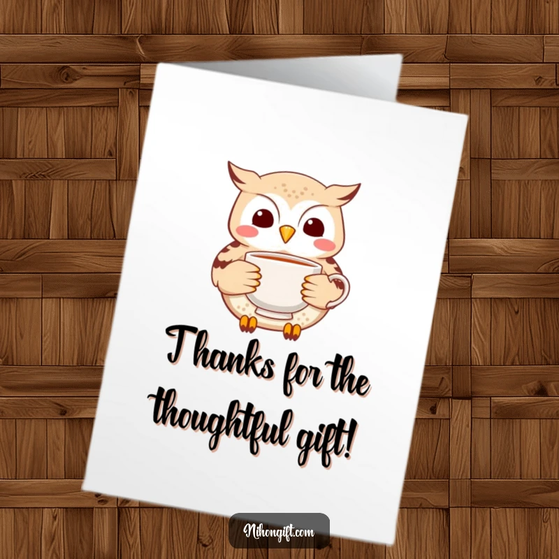 Funny Free Printable Thank You Card: A little owl carries a delicate ceramic tea cup to express thanks.