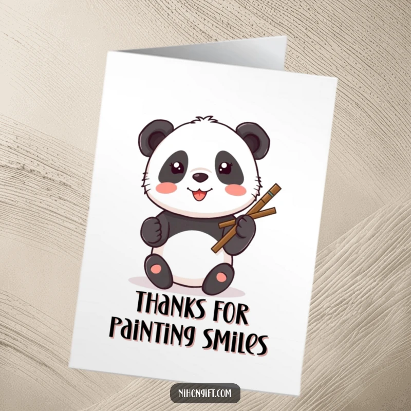 Funny Free Printable Thank You Card: A kawaii panda artistically painting a smiley face, expressing thanks with joy.