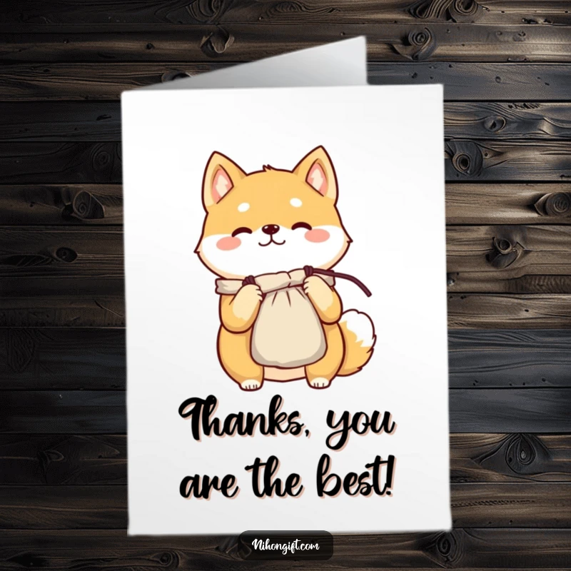Funny Free Printable Thank You Card: A cheerful Shiba Inu beaming while proudly presenting a small, elegant silk pouch.