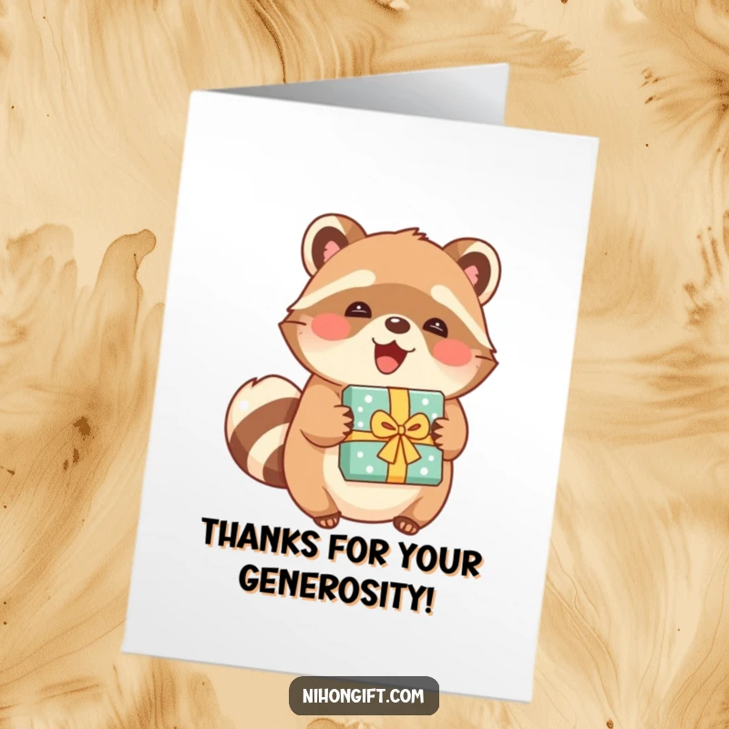Funny Free Printable Thank You Card: A playful tanuki mascot joyfully presenting a meticulously wrapped gift, expressing gratitude.